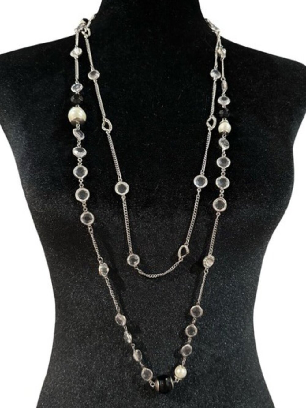 Ann Taylor Necklace Double Strand Silver Tone Black Beaded Toggle Closure